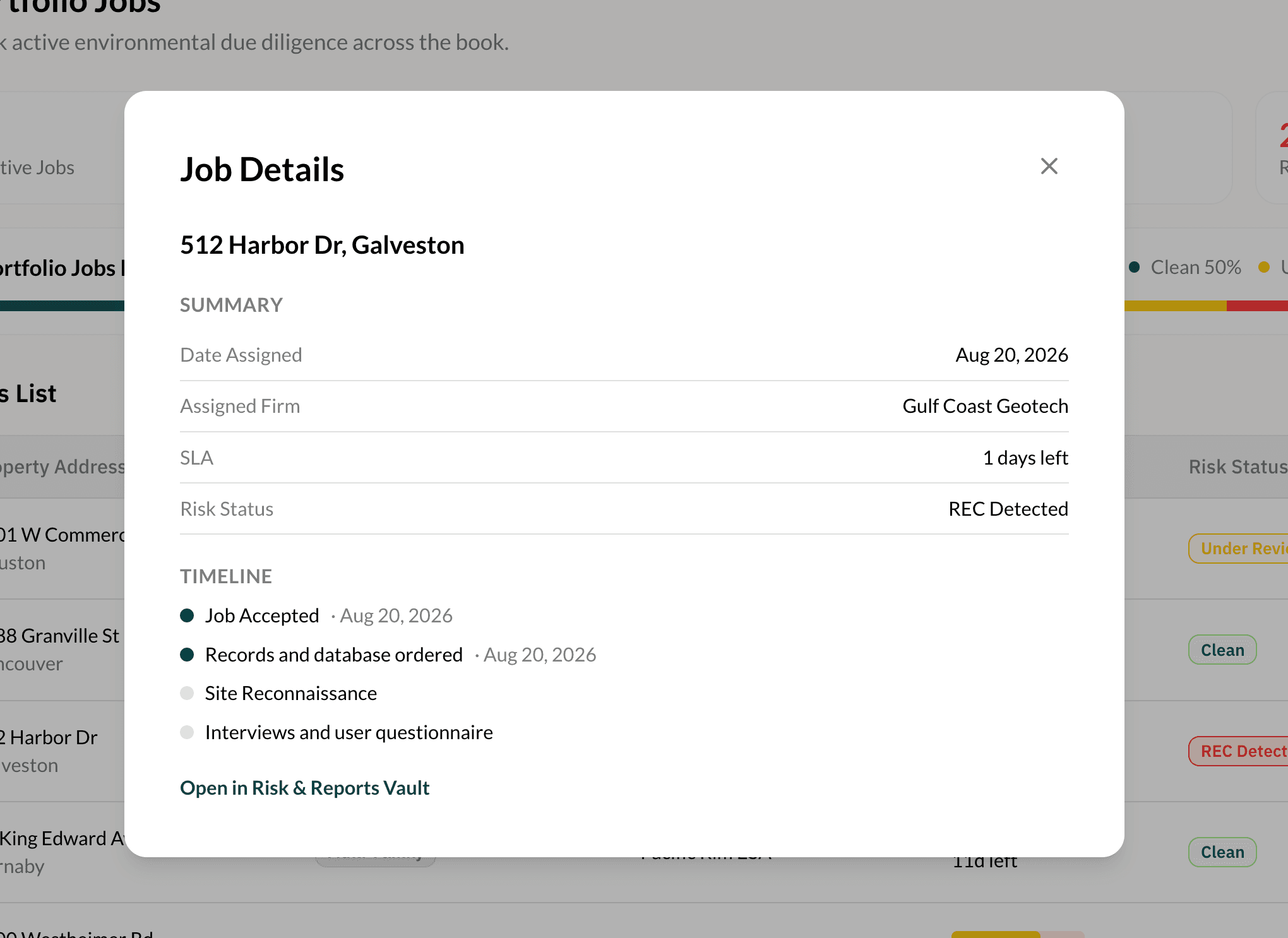 Job details with assigned firm, SLA, and timeline for 512 Harbor Dr, Galveston